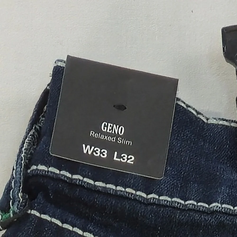 New True Religion Geno Men's Size 33x32 Dark Wash Big T Flap‎ Jeans